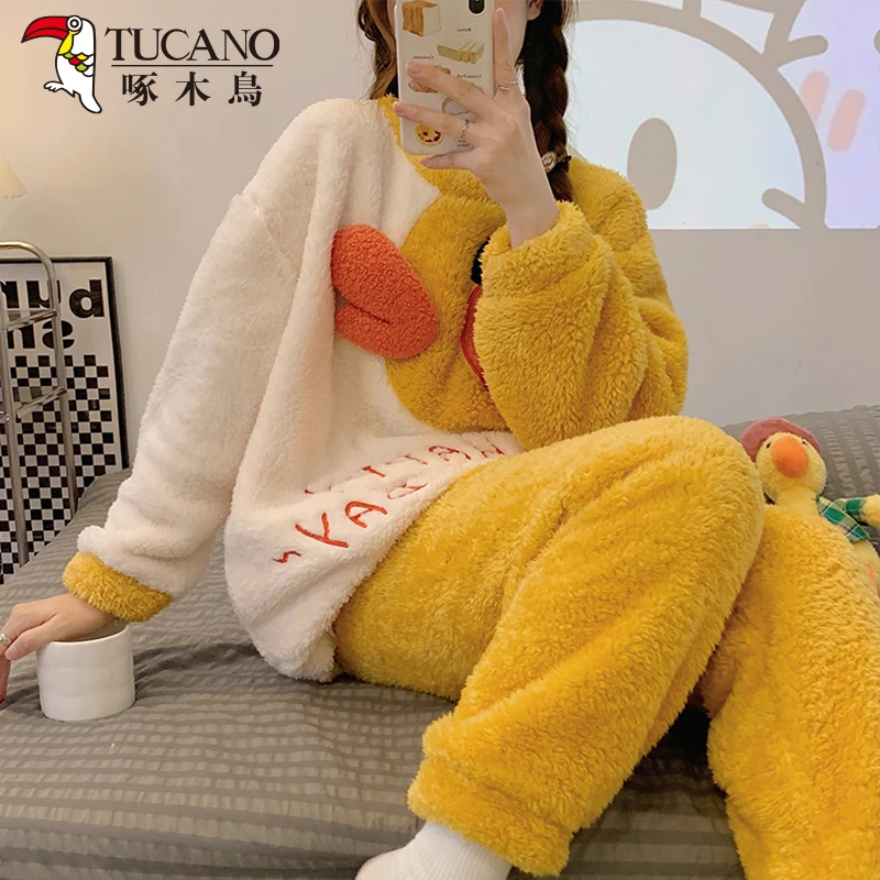 睡衣女秋冬季珊瑚绒卡通加绒加厚青少年法兰绒保暖冬天家居服套装