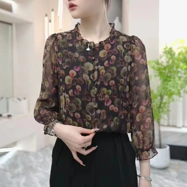 雪纺小衫女立领春夏新款2024宽松遮肚子上衣碎花中老年妈妈装