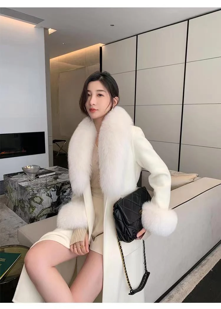 【婧婧专享】白色粉色超大狐狸毛领双面羊毛大衣修身显瘦中长款
