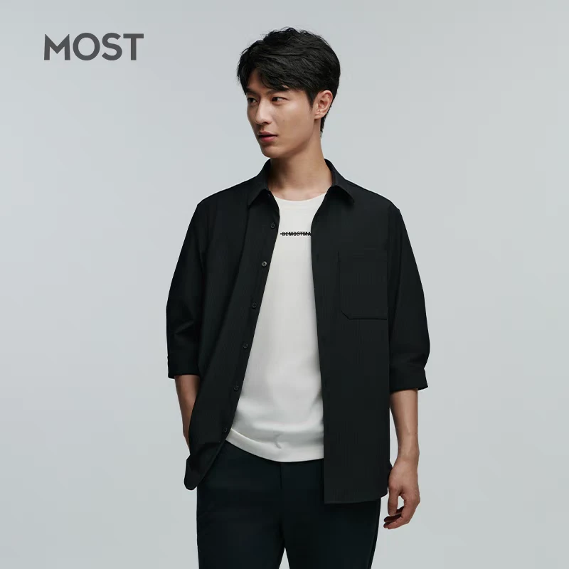 MOST/男装黑色衬衫男士中袖休闲春季新款潮流修身衬衣男C41250029