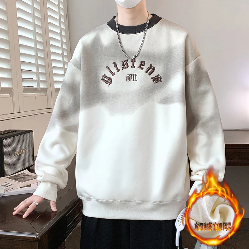 加绒卫衣男秋冬款假两件圆领长袖t恤男潮牌青少年加厚印花打底衫T