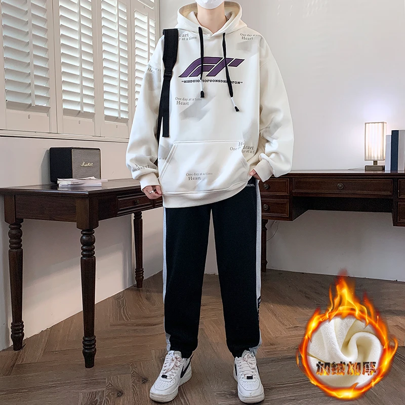 秋冬季加绒卫衣连帽初高中学生长袖t恤青少年大童男装加厚打底衫