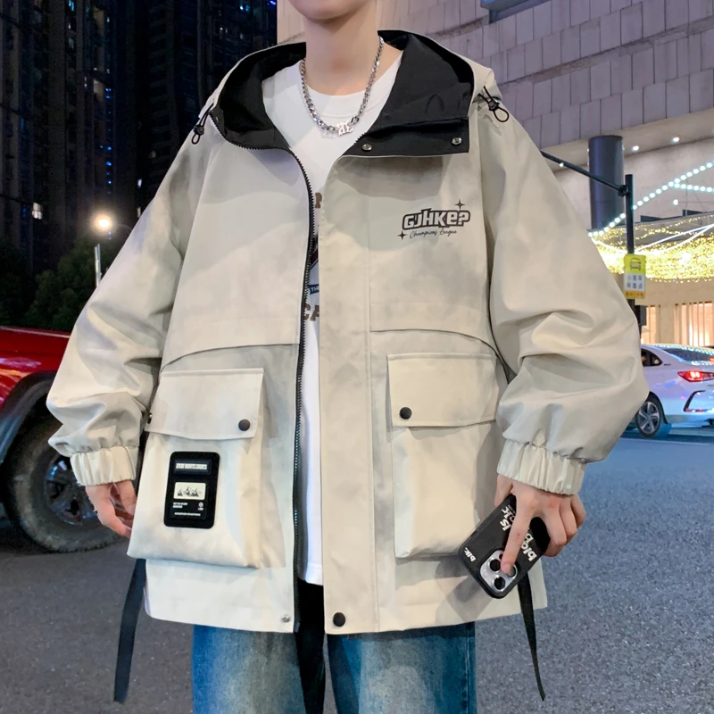 冲锋衣男春秋季新款潮牌拼接连帽夹克男生青少年宽松休闲男士外套