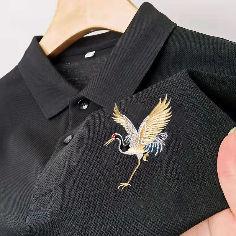 新款潮牌翻领短袖上衣轻奢仙鹤刺绣polo衫男半袖T恤高端情侣POLO