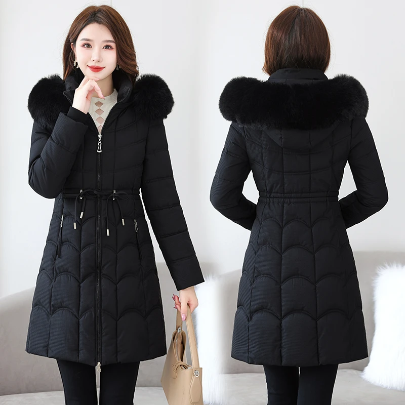棉服女中长款2024新款棉服修身显瘦脱卸帽加厚保暖大毛领棉衣外套