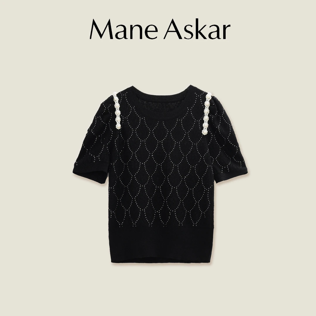 夏季烫钻珍珠泡泡袖女设计感气质短袖上衣OK0009