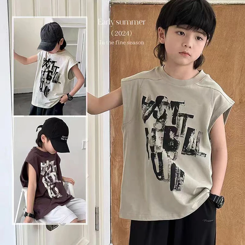 夏季儿童背心2024韩版休闲中大童印花宽松运动百搭无袖T恤薄款潮