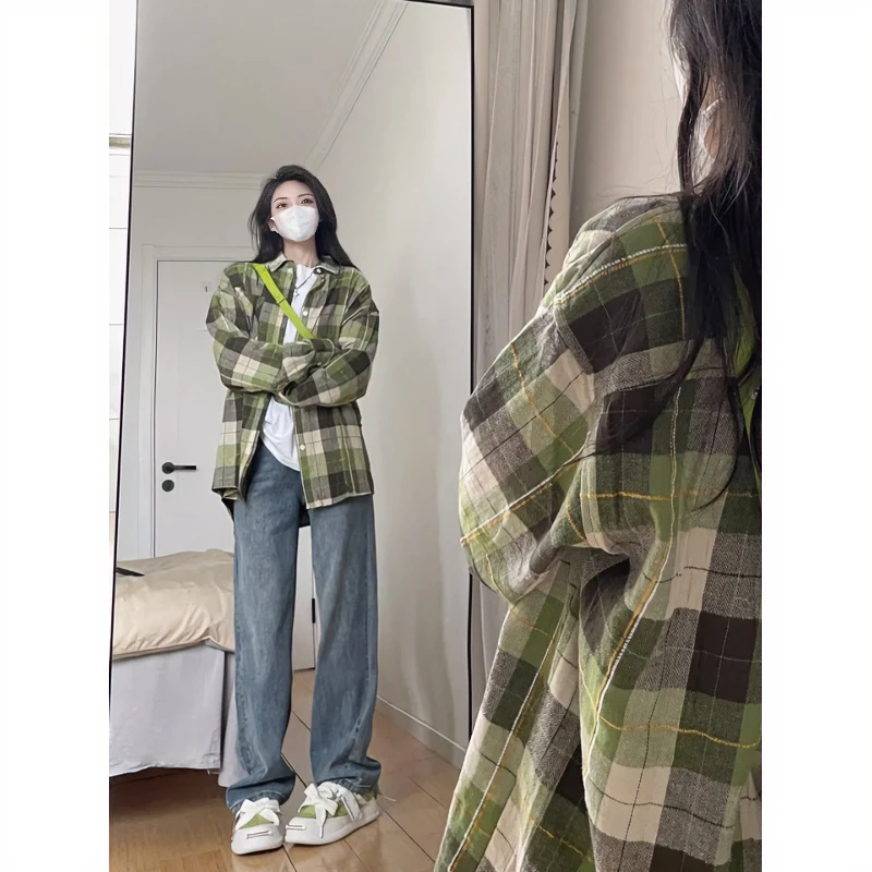 美式复古绿色格子衬衫女春秋2024新款设计感小众宽松防晒衬衣外套