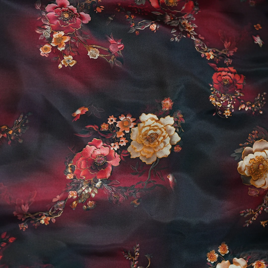 黑底牡丹大花真丝丝绸面料交织提花