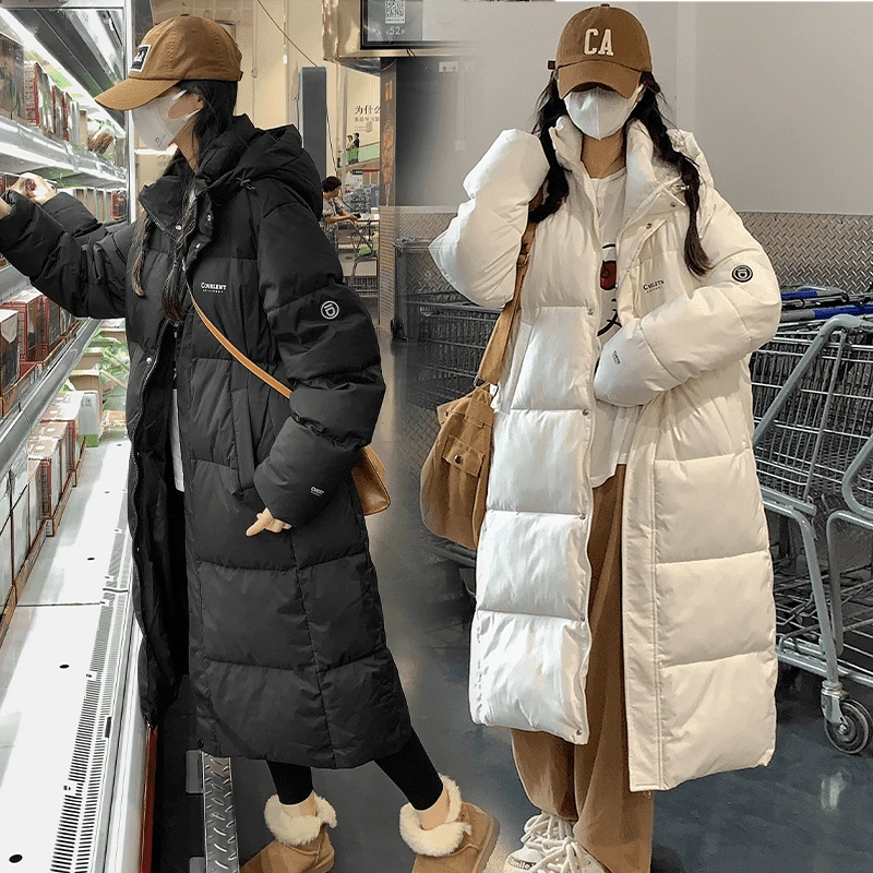 中长款过膝棉服女冬季外套连帽时尚大码宽松保暖棉衣学生女装棉袄