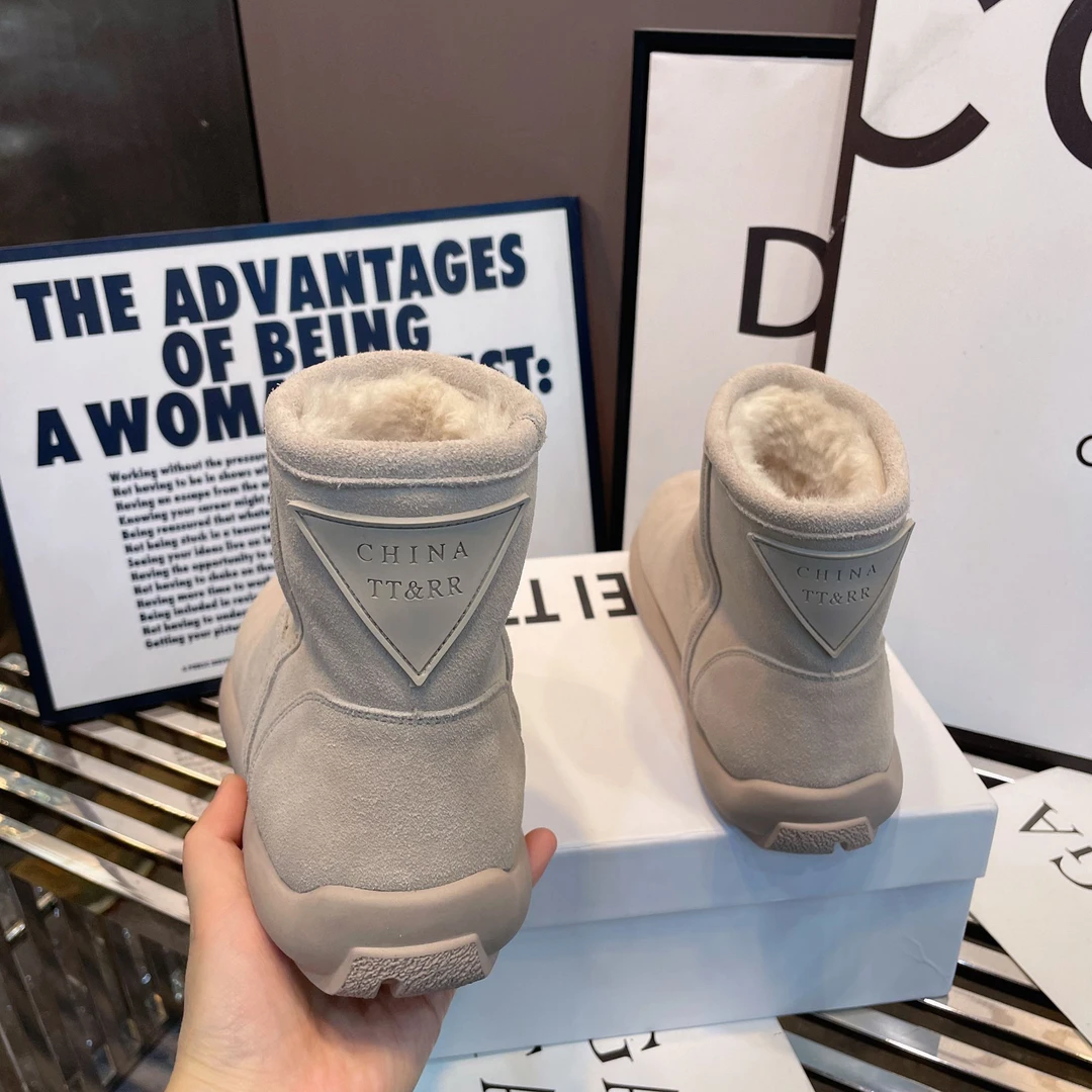 【芥末定制】35-40码后尾三角边时尚雪地靴奶茶色棉靴加棉保暖短靴