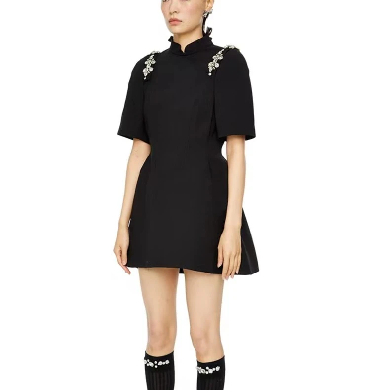 【DÉ MYSTÈRE】复古手工缝钻钉珠收腰休闲小个子女装连衣裙LAYB002