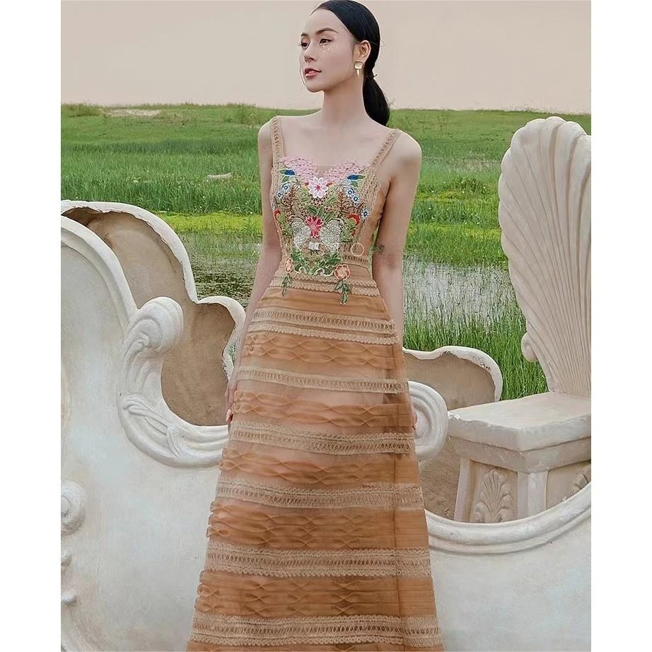 【DÉ MYSTÈRE】小众设计重工蕾丝钩花刺绣无袖高腰长裙 GSEN753