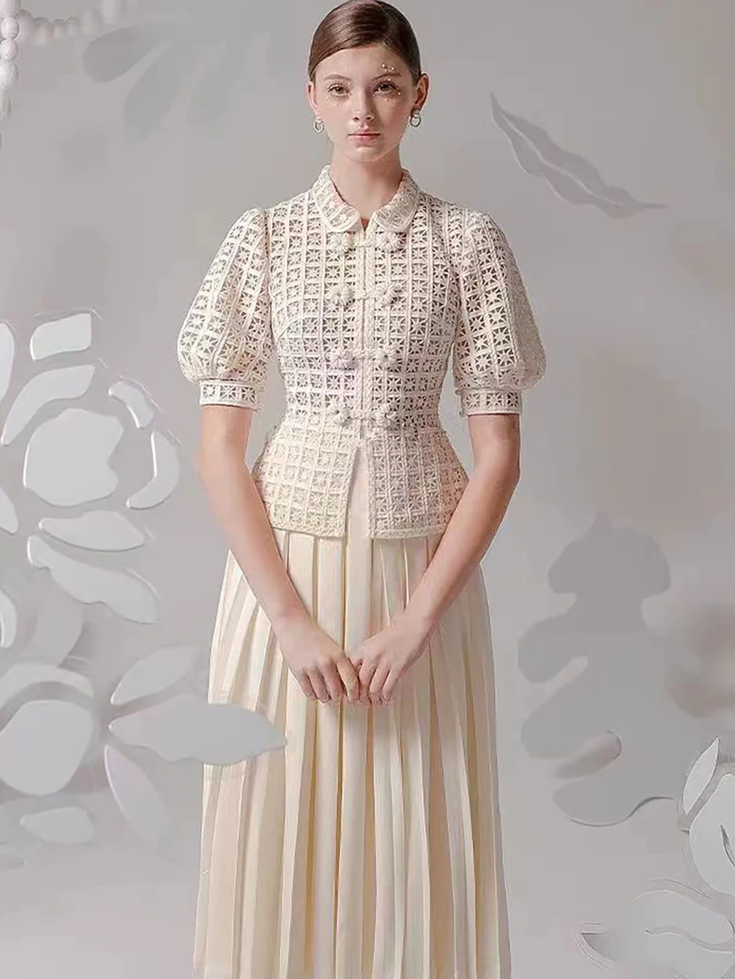【DÉMYSTÈRE】小众设计师新中式盘扣镂空泡泡袖气质两件套GSEN68031
