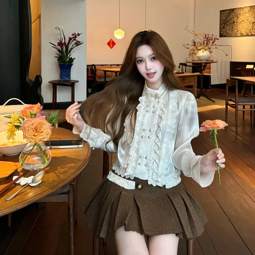 【DÉ MYSTÈRE】法式宫廷风千金立领修身长袖打底衬衫上衣GZJ68070