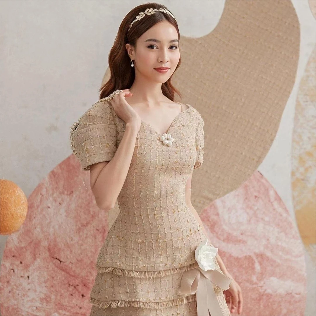 【DE MYSTERE】小众设计法式短袖V领收腰小个子连衣裙GDD403006