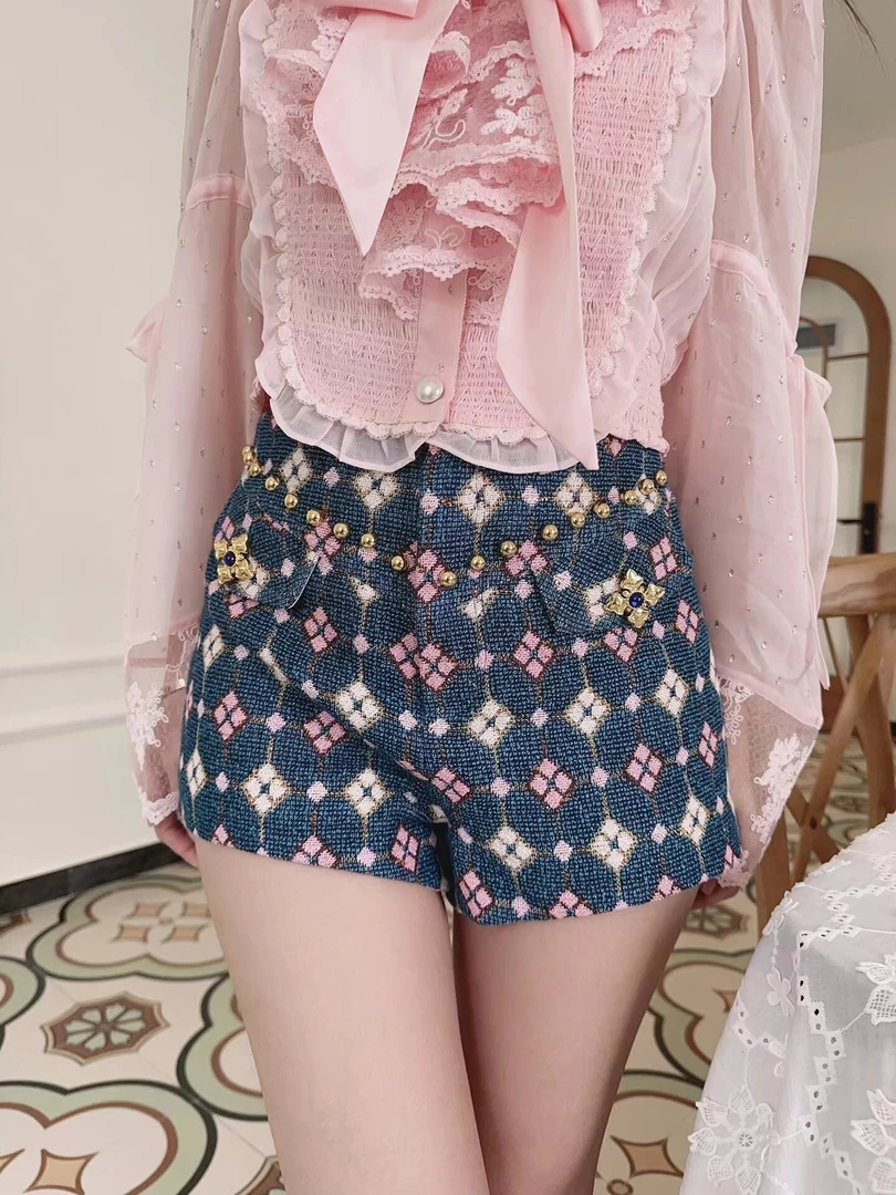 【DÉ MYSTÈRE】拉拉家2024春季复古蓝色提花高腰短裤女GFC2401013-2