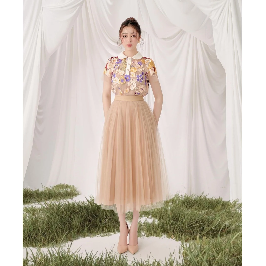 【DÉ MYSTÈRE】小众碎花娃娃领上衣高腰网纱裙套装 GWL02301012