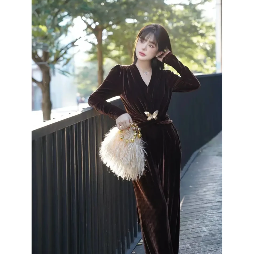 【陵陵】秋冬时尚设计感显瘦修身绑带丝绒阔腿连体裤GZJ68082