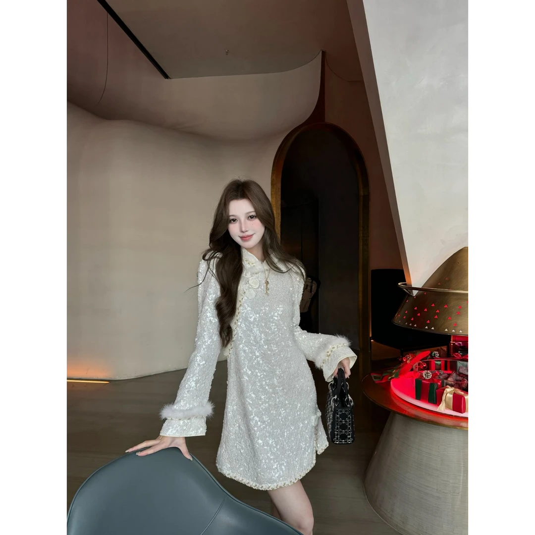 小众设计拉拉家秋冬新中式改良盘扣珠片连衣裙GFC2311228-1