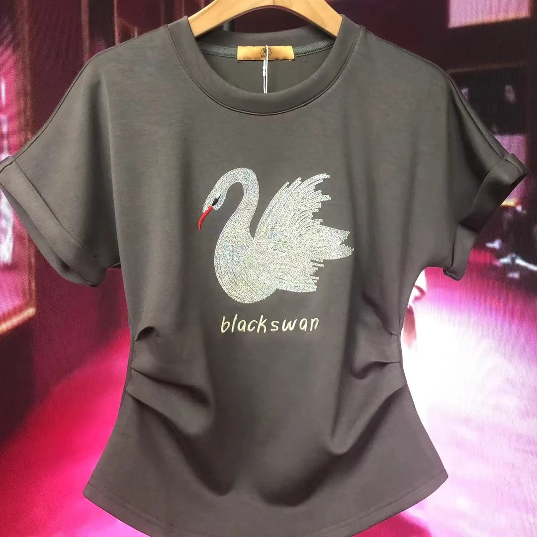 2025新款优雅天鹅烫钻T恤QYTB1297女款休闲夏季夏季女士百搭时尚