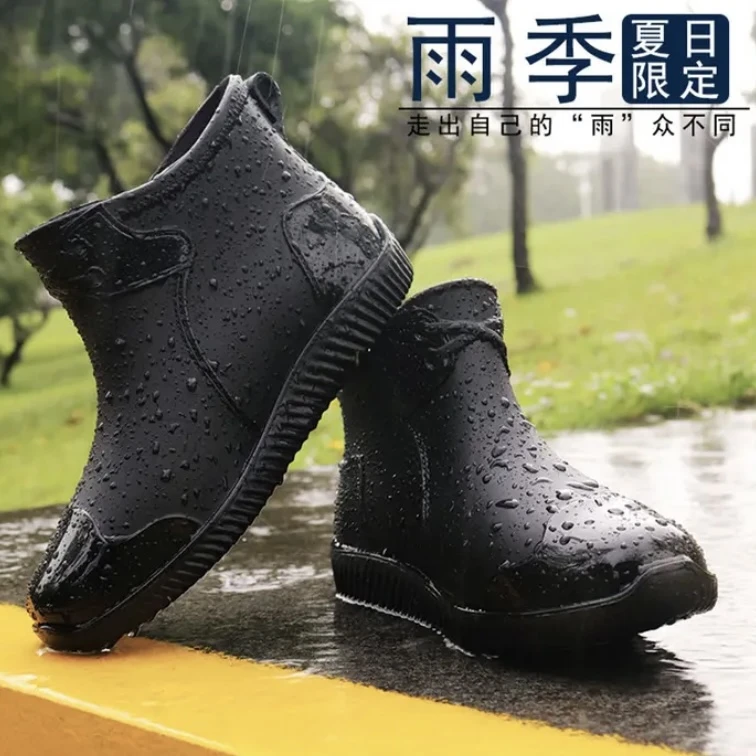 防水鞋防滑雨鞋男雨靴厨房男士磨砂低帮短筒时尚夏日中筒外穿四季