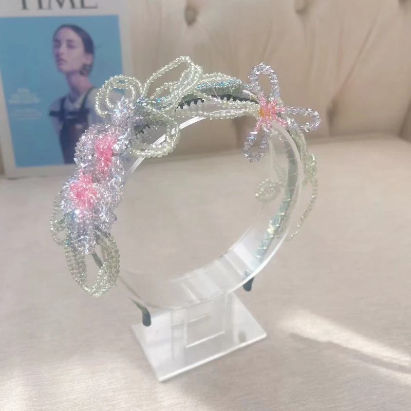 （麦腾花）高级名媛风手工编织水晶宽边发箍时尚网红超仙无感发饰娘