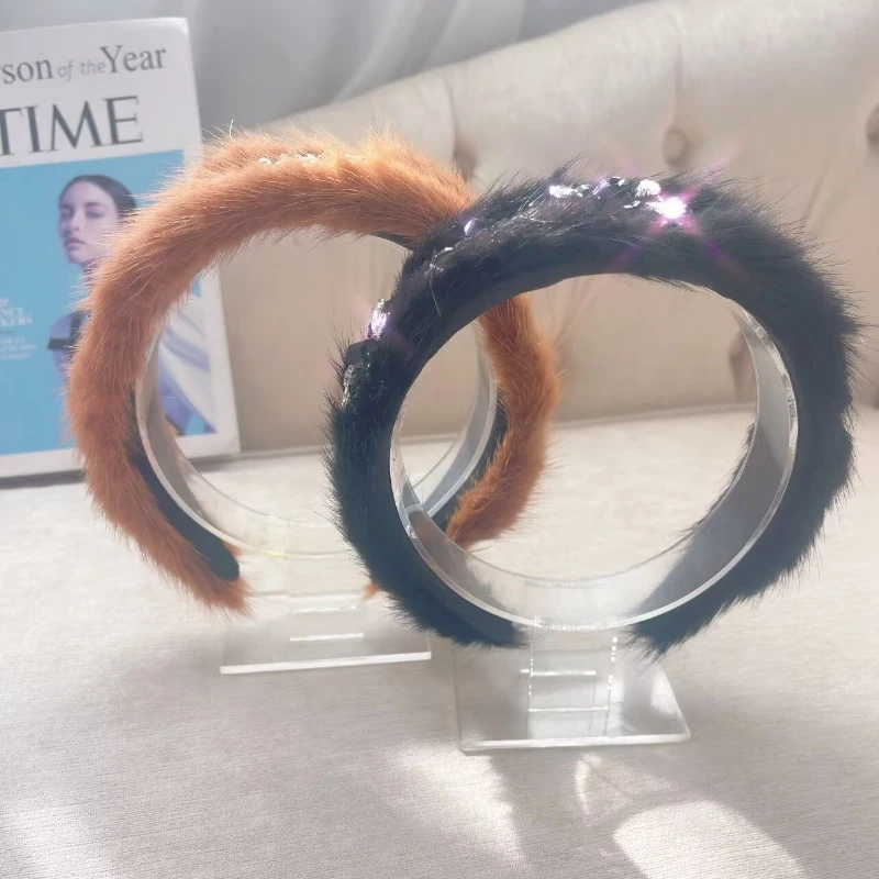 新品高级时尚水貂毛仙气重工高端发箍钻饰宽边遮发甜美头饰发饰娘