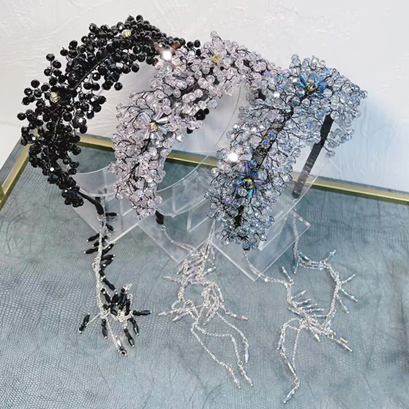 新高级水晶流苏发箍设计感复古耳环挂链可拆卸名媛头箍发饰网红娘