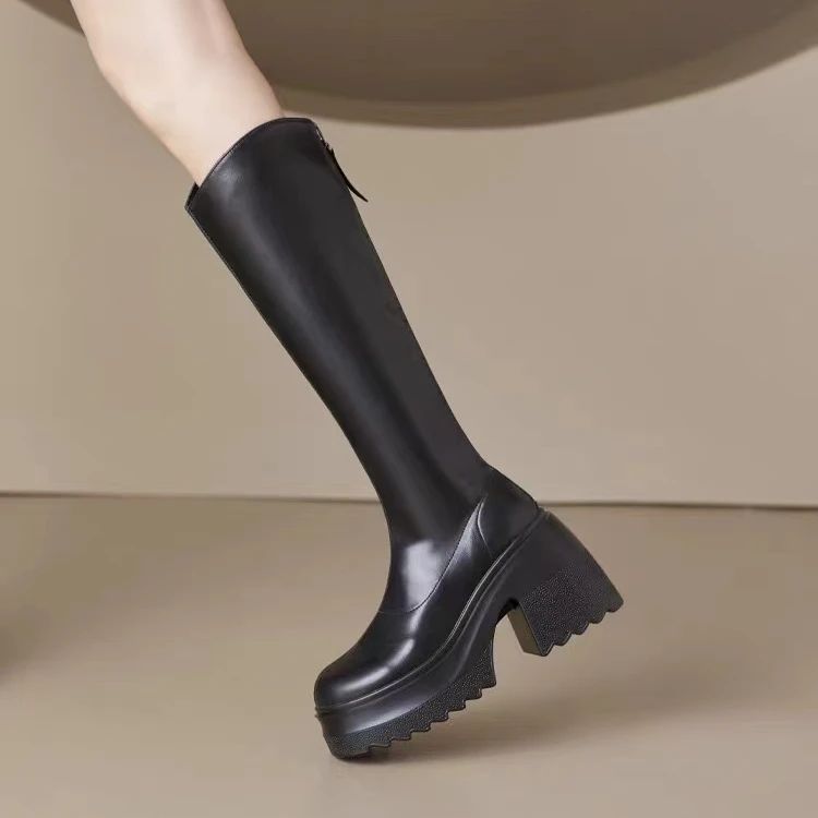 不过膝真皮长靴女秋冬新款厚底高筒靴骑士靴长筒小个子女靴百搭