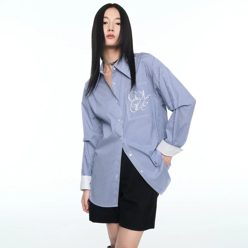 COLOVE【浮光掠影】秋季长袖女上衣百搭条纹衬衫833N035