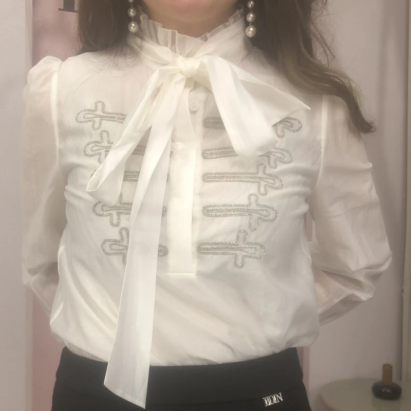 BADINA白色雪纺衫日系时尚长袖系带学院风法式宫廷设计感131M036