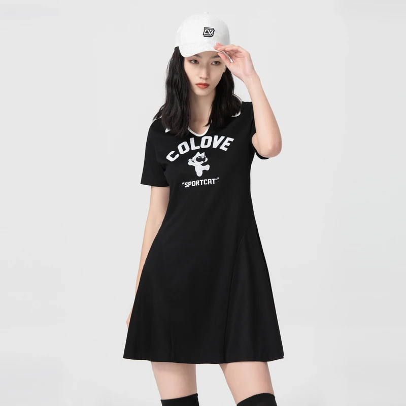 COLOVE连衣裙232U224polo裙宽松连衣裙时尚针织印花休闲显瘦