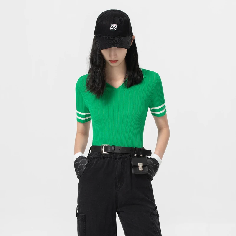 COLOVE【西域翡翠】休闲夏季毛针织衫232Q058牛仔时尚百搭打底修身