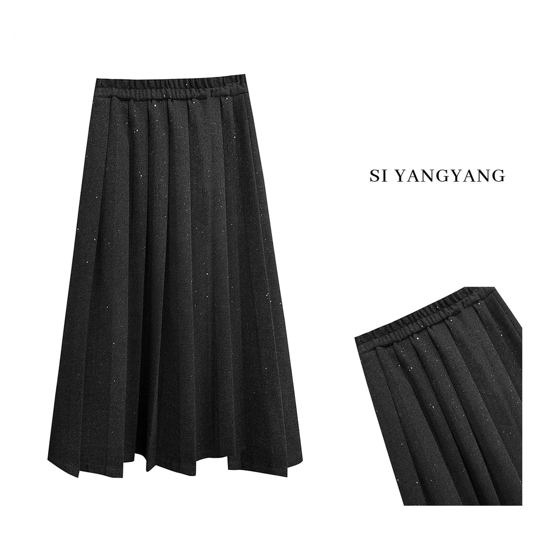 斯洋洋冬季轻奢百搭气质显瘦抗皱TR斜纹带闪百褶裙BQ411A044SYY