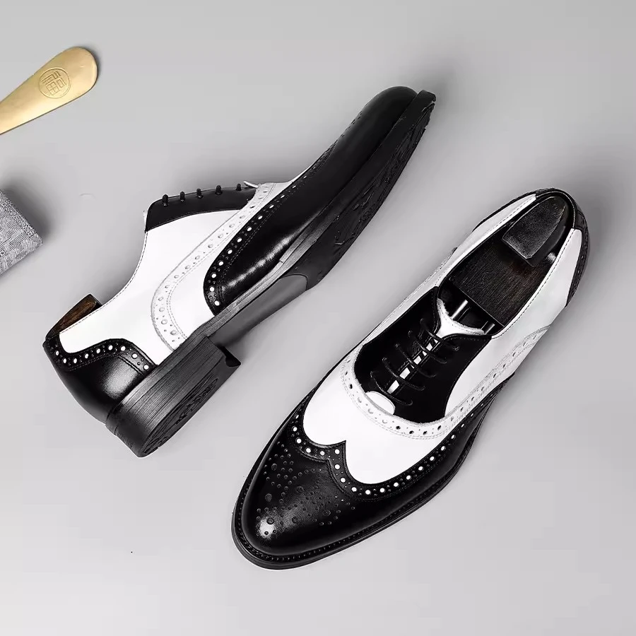 布洛克皮鞋男商务正装英伦青年尖头真皮雕花拼色皮鞋男结婚新郎鞋