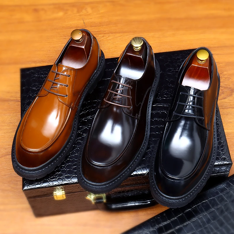 真皮圆头厚底商务正装男士皮鞋大码手工亮皮亮面韩版结婚德比鞋潮