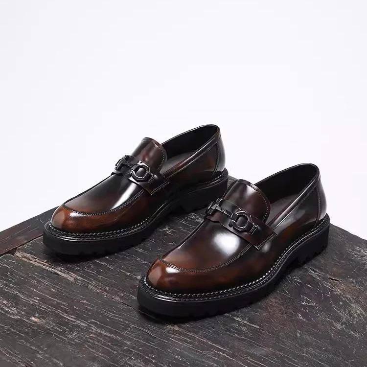 厚底乐福鞋男亮皮马衔扣英伦真皮一脚蹬商务休闲皮鞋潮流夏季