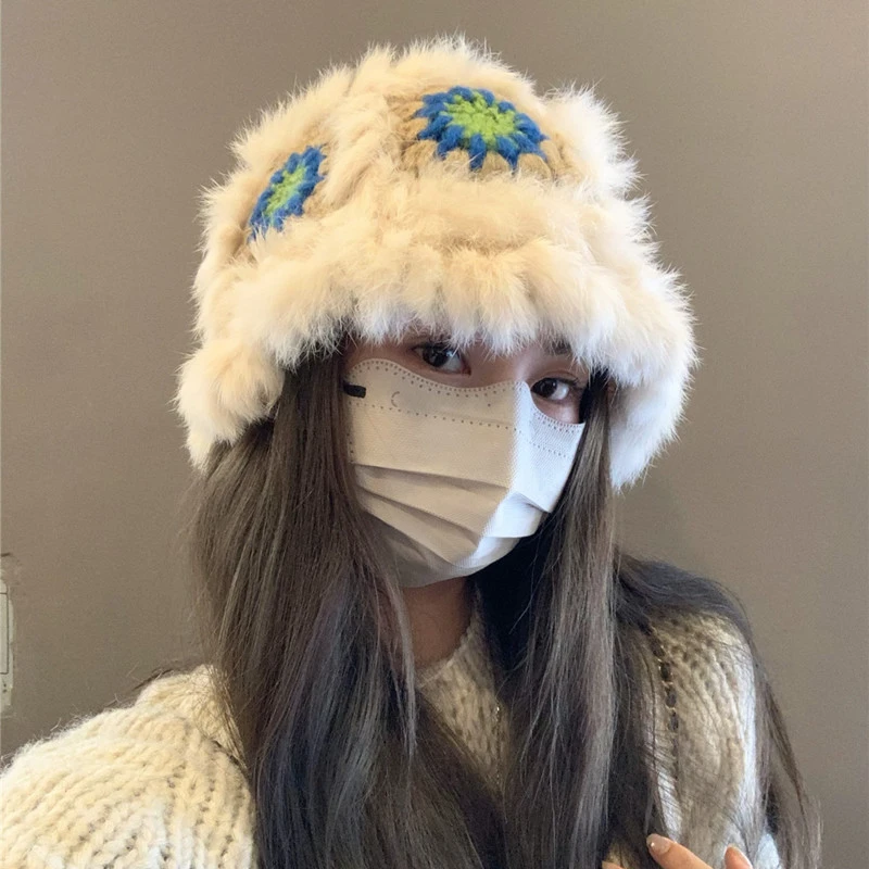 兔毛毛线帽子女冬季可爱毛绒保暖国风醒狮帽纯手工显脸小虎头帽