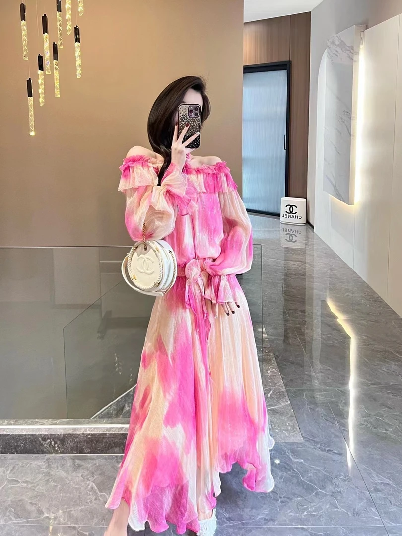 DC【轻奢女装】碎花显瘦气质夏季沙滩渐变印花扎染连衣裙套装