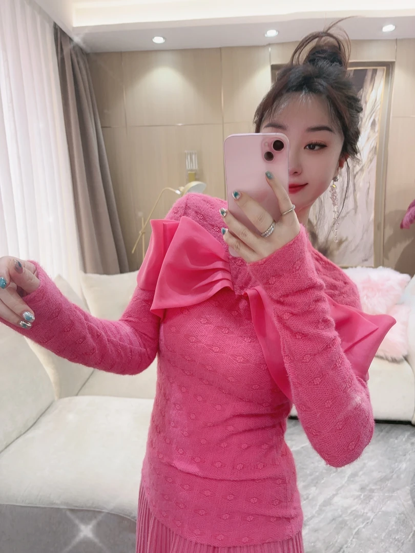 DC【晚时光】网红气质时尚百搭休闲女士大蝴蝶结打底上衣