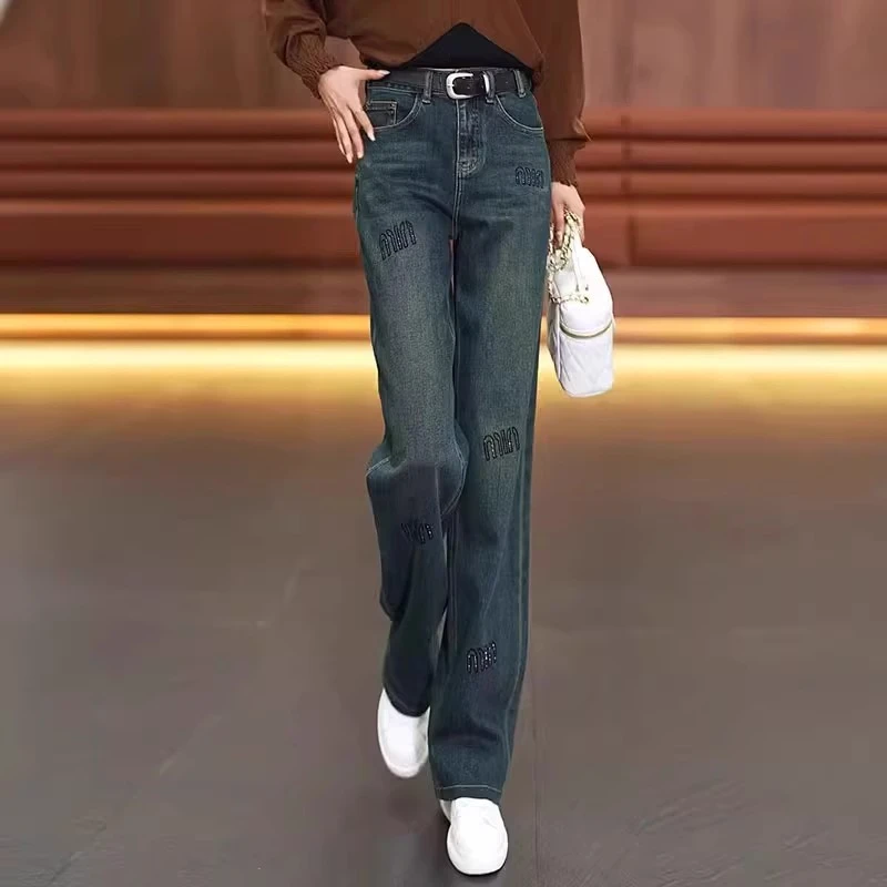 加绒阔腿牛仔裤女2024年秋冬新款高腰爆款烫钻休闲窄版直筒裤