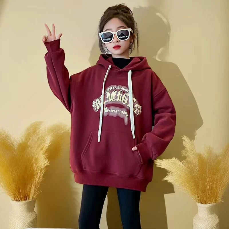 女童秋装上衣6-12岁潮款加绒秋冬装中大儿童加厚韩版女孩连帽上衣