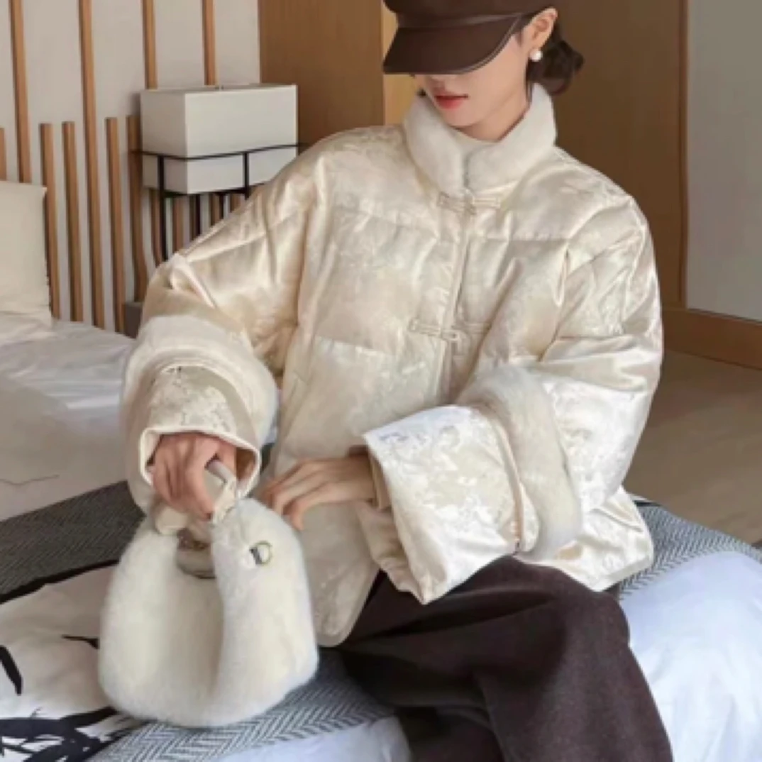 韩版新中式水貂毛拼接提花国风盘扣棉服