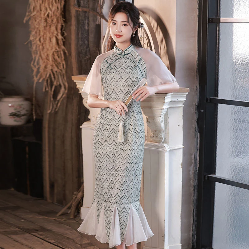 新中式小清新夏季新款高档蕾丝改良鱼尾旗袍裙少女气质法式连衣裙