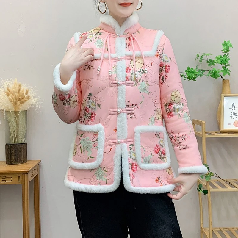 冬季新款复古绣花盘扣麂皮绒棉衣棉服女中式国风加绒加厚棉袄外套