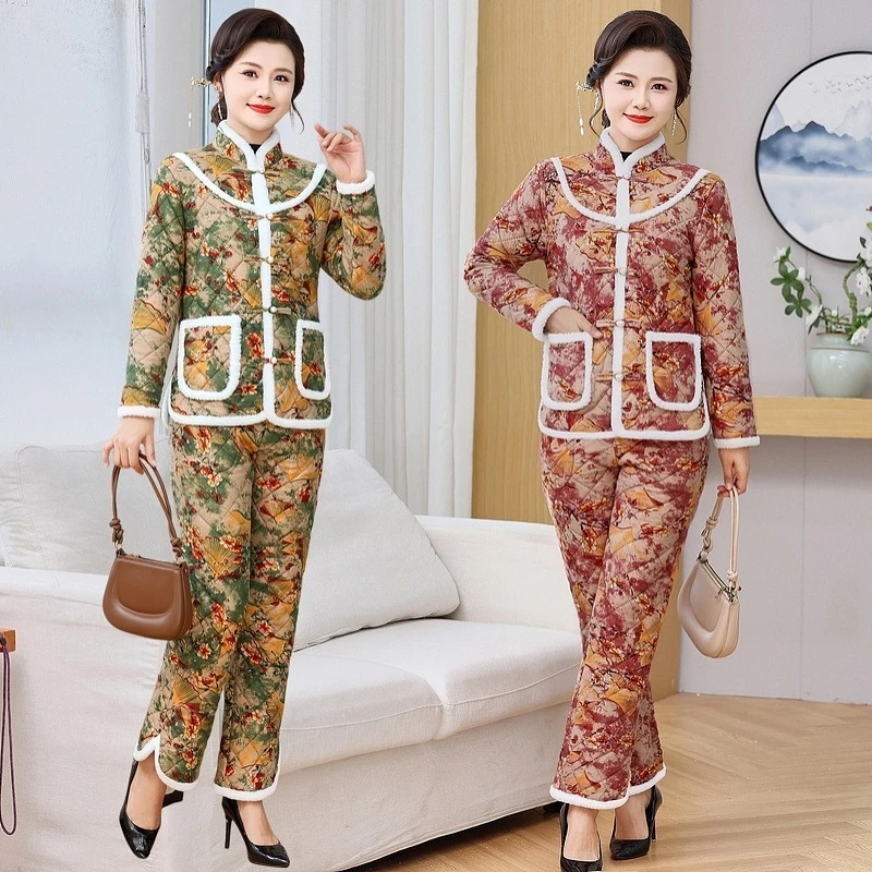 冬季新款妈妈装洋气棉衣套装2024中年妈妈加绒加厚保暖棉衣两件套