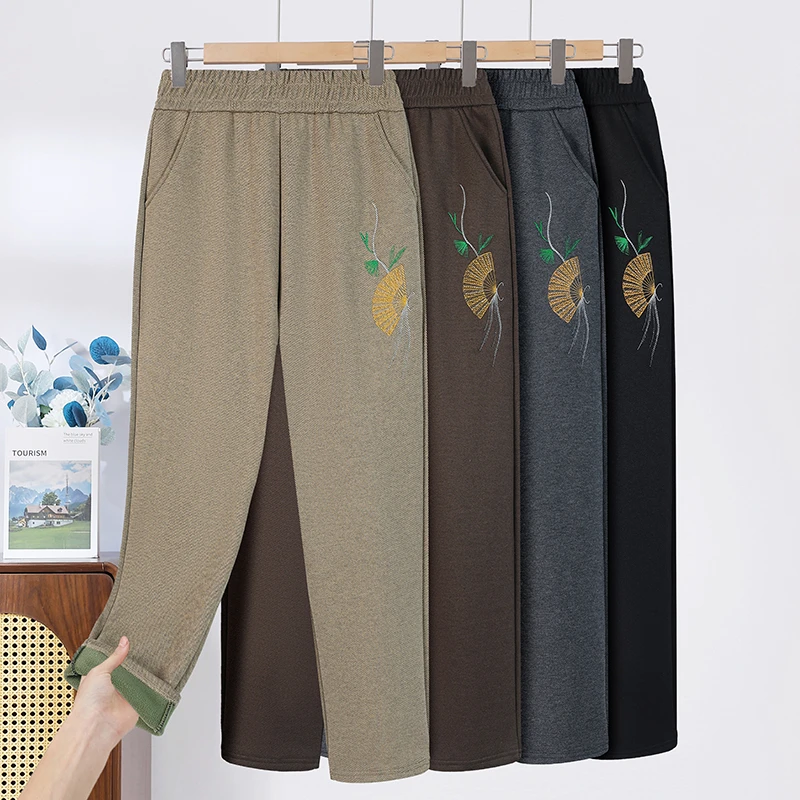 妈妈裤子中老年加绒加厚宽松秋冬高腰长裤休闲女裤外穿松紧奶奶装