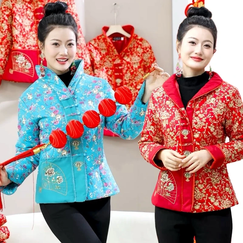 小个妈妈秋冬装薄款唐装民族风修身棉衣短款中年妇女绣花小棉袄