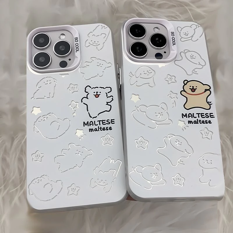 情侣苹果13promax适用17镂空线条小狗手机壳iPhone15创意硬14plus